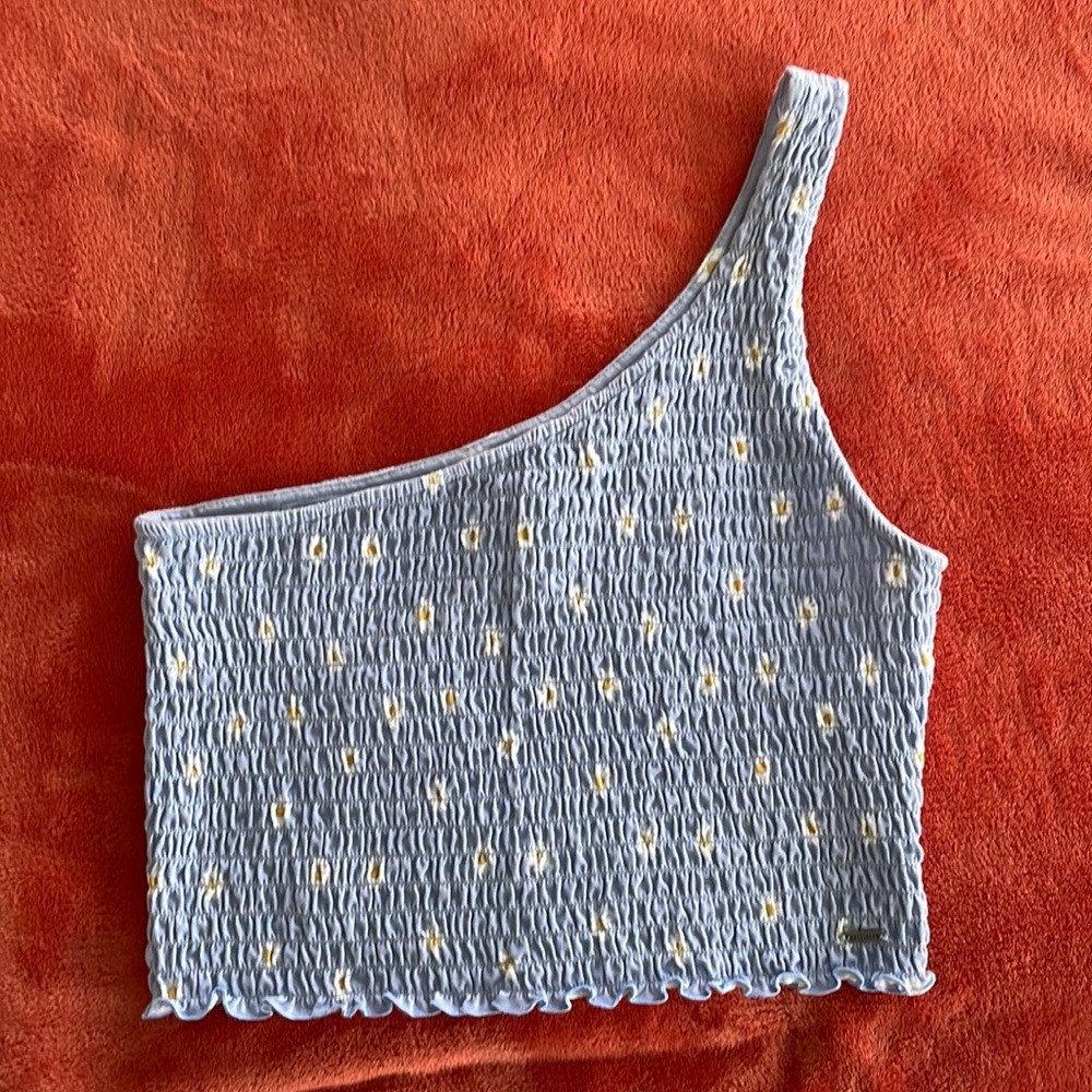 Hollister Single Strap Blue Smocked Top with White Flowers Size Large